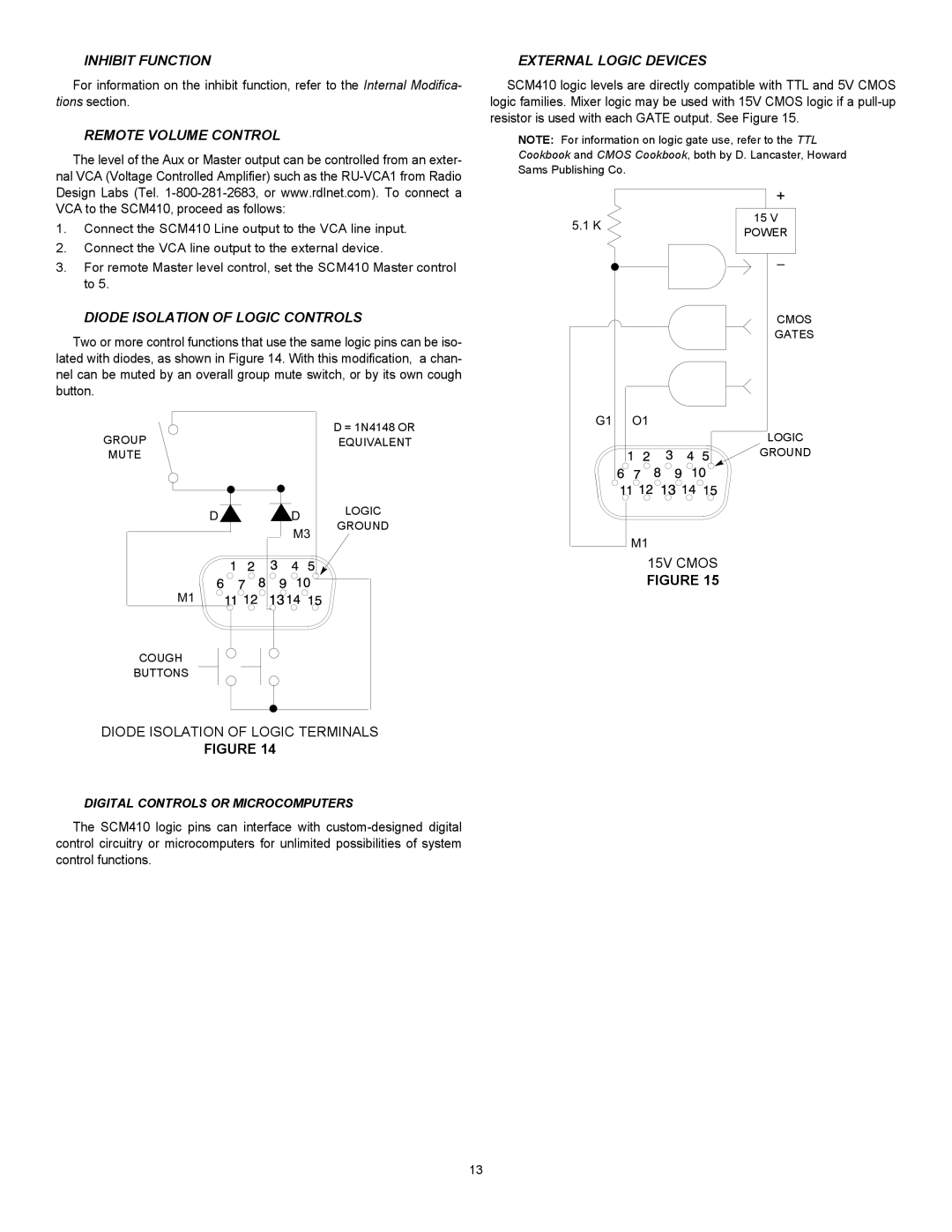 Shure SCM410E manual Inhibit Function, Remote Volume Control, Diode Isolation of Logic Controls, External Logic Devices 