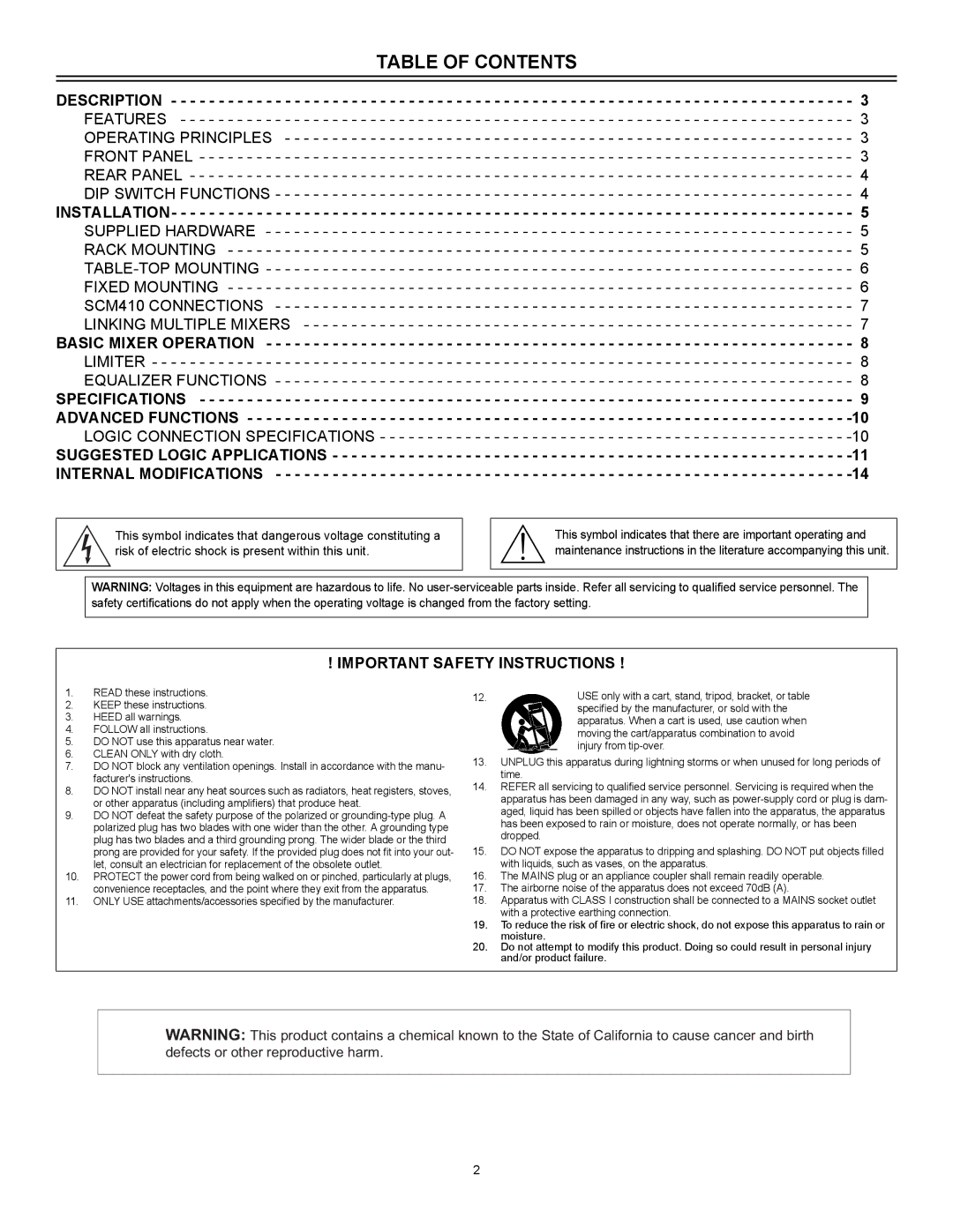 Shure SCM410E manual Table of Contents 