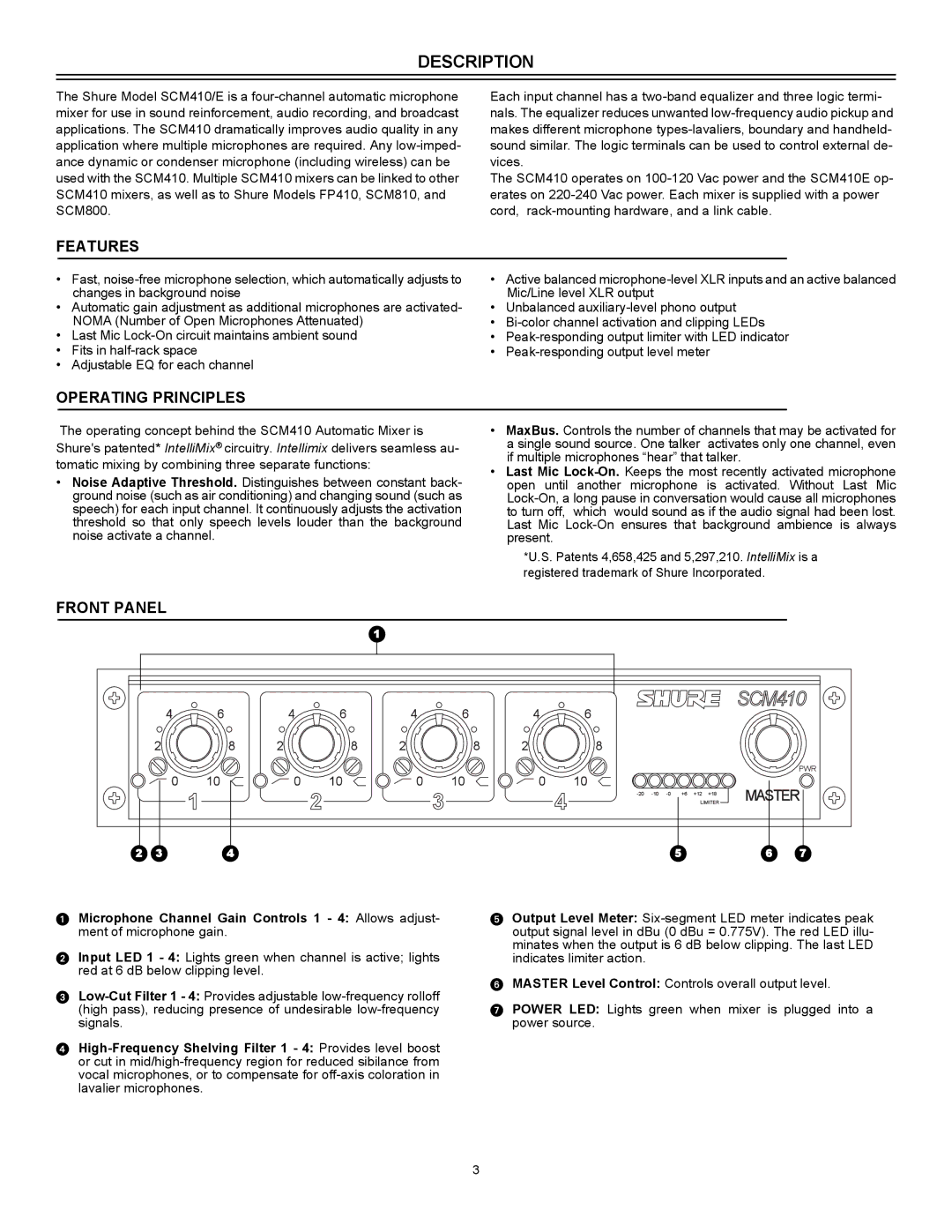 Shure SCM410E manual Description, Features, Operating Principles, Front Panel 