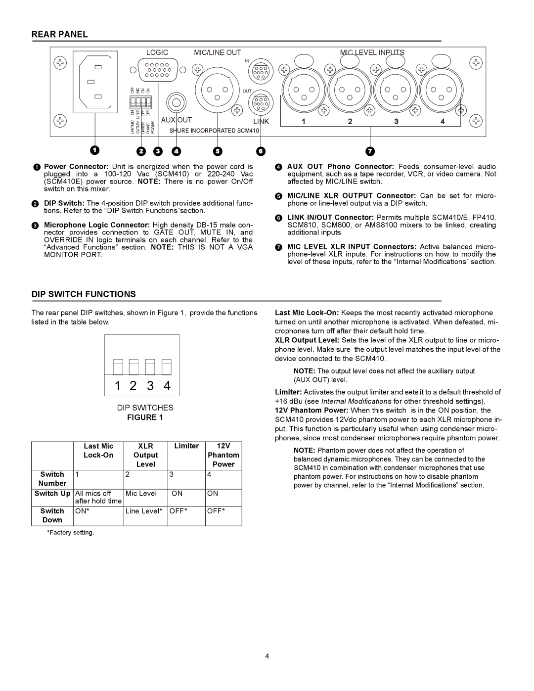 Shure SCM410E manual Rear Panel, DIP Switch Functions, DIP Switches 