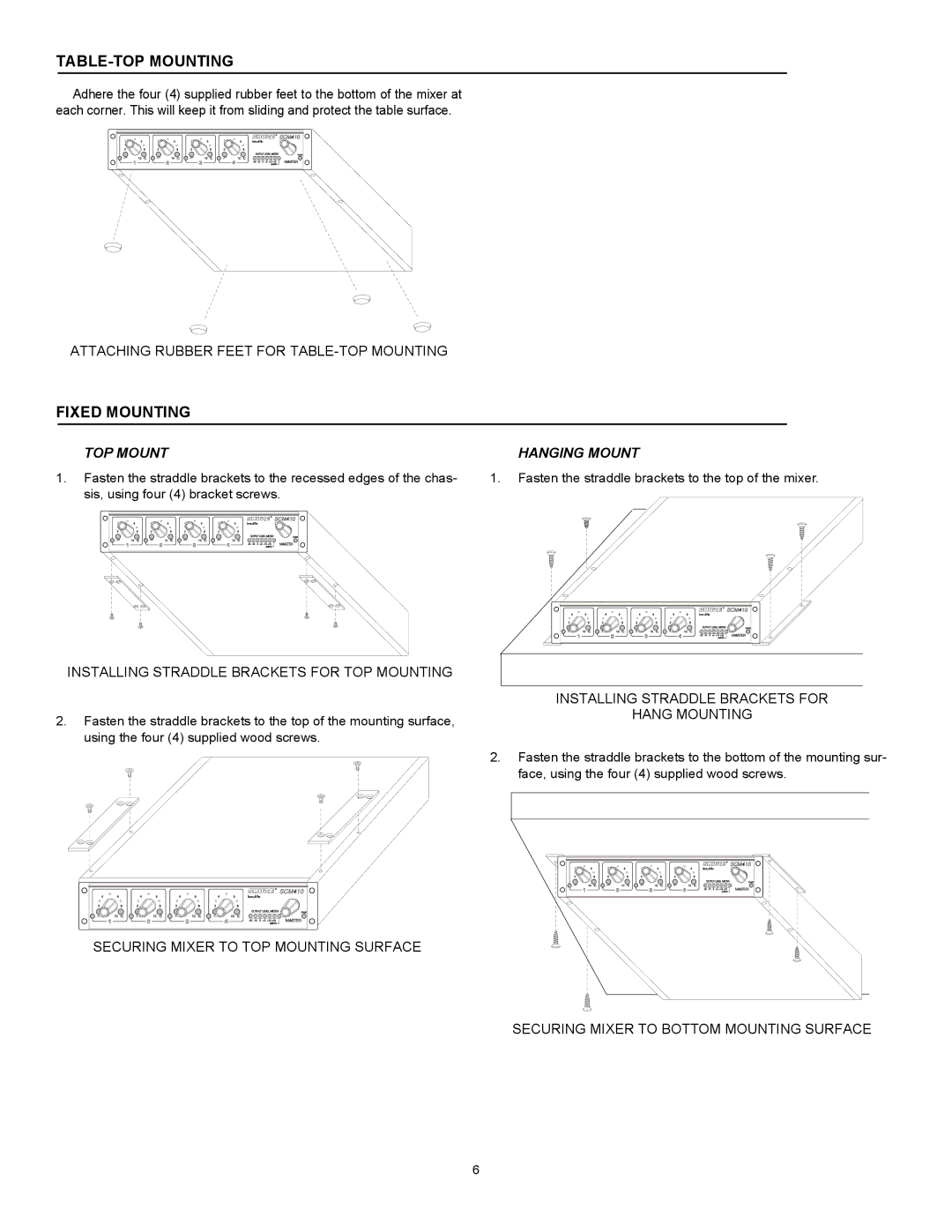 Shure SCM410E manual TABLE-TOP Mounting, Fixed Mounting, Hanging Mount 