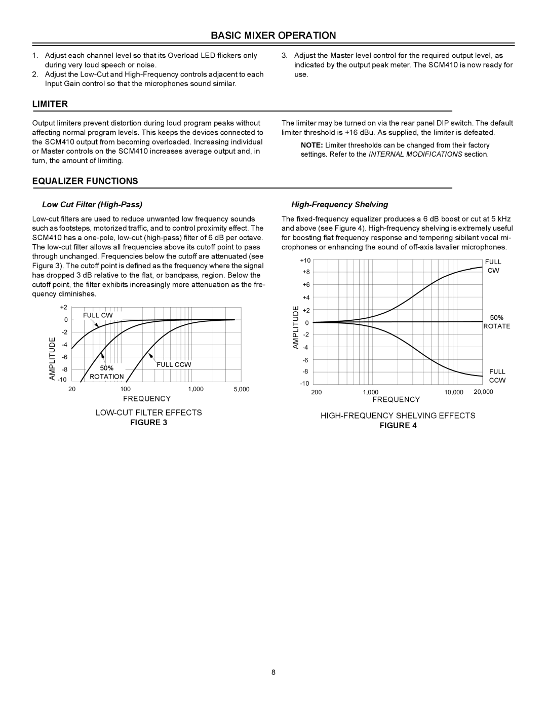 Shure SCM410 Basic Mixer Operation, Limiter, Equalizer Functions, LOW-CUT Filter Effects HIGH-FREQUENCY Shelving Effects 
