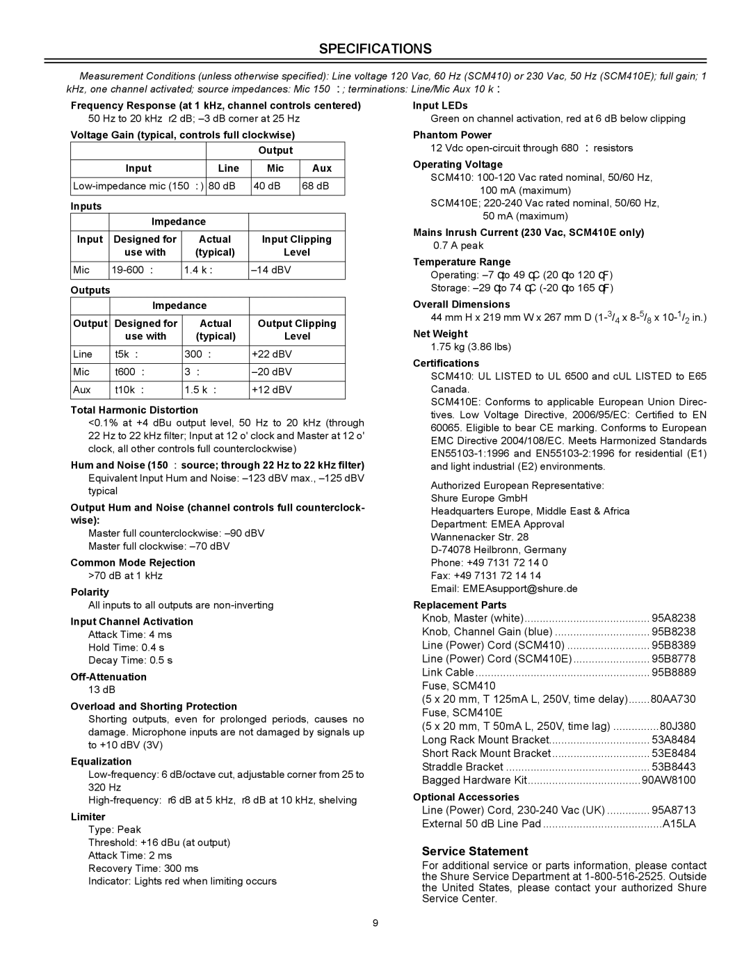 Shure SCM410E manual Specifications, A15LA 