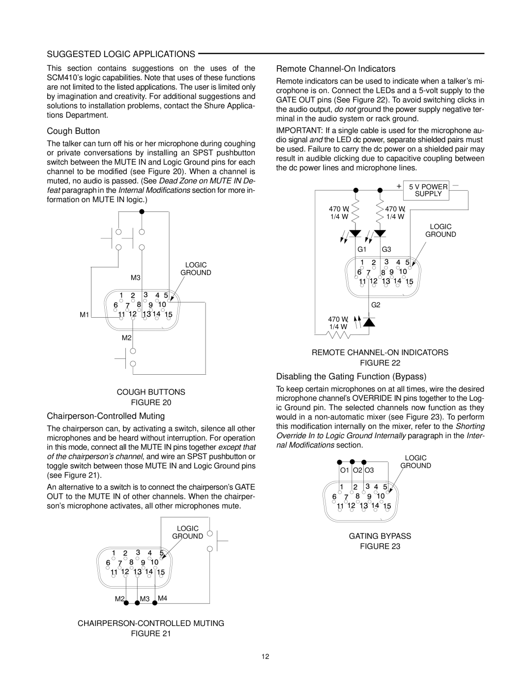 Shure SCM410 manual Suggested Logic Applications, Cough Button, Remote Channel-On Indicators, Chairperson-Controlled Muting 