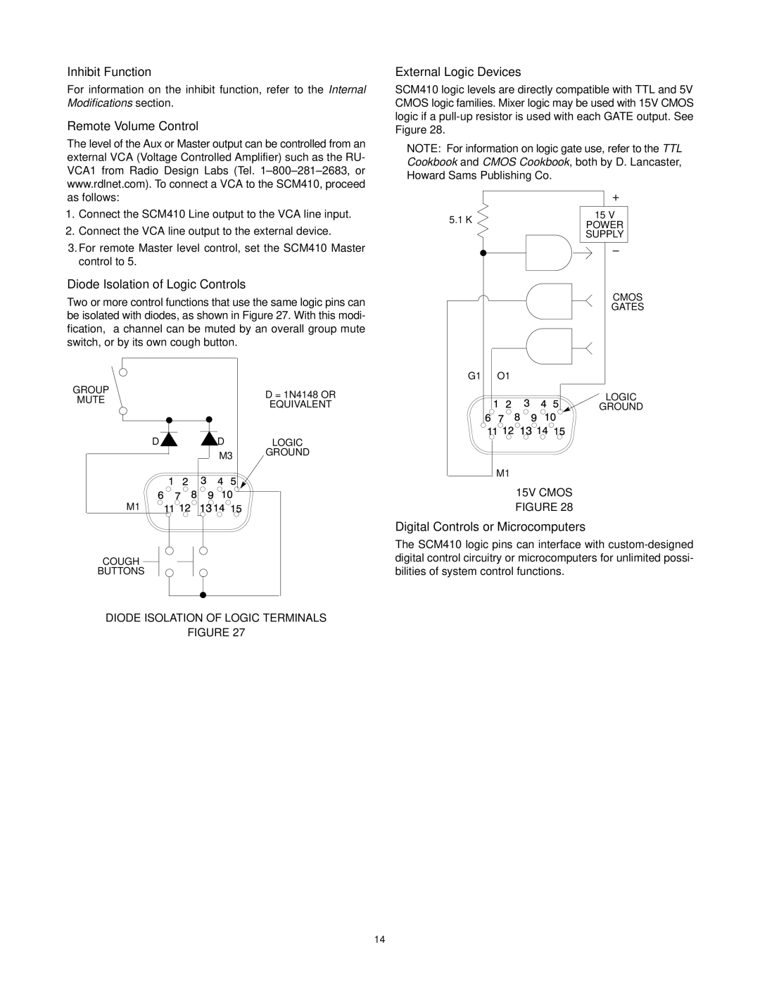 Shure SCM410E manual Inhibit Function, Remote Volume Control, Diode Isolation of Logic Controls, External Logic Devices 