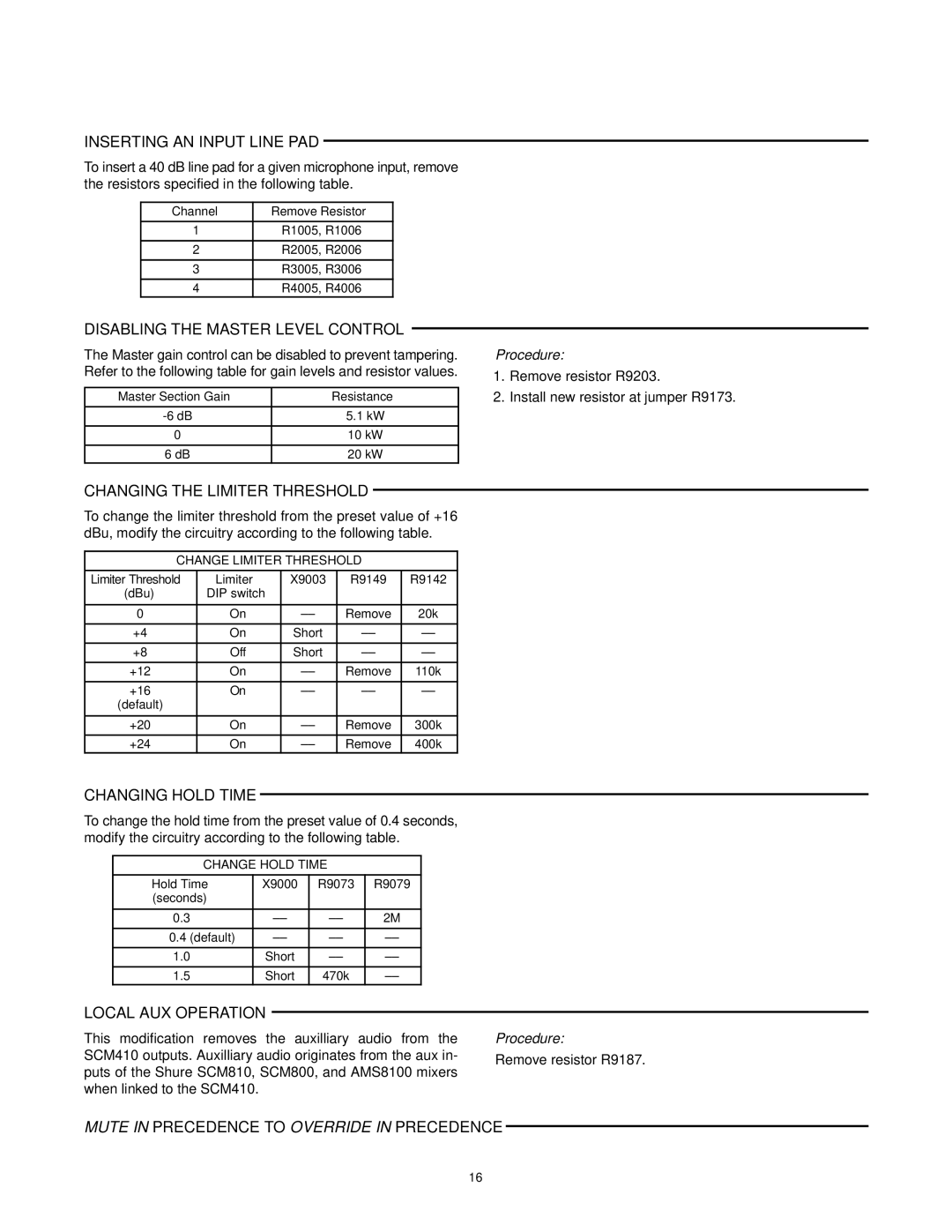 Shure SCM410E manual Inserting AN Input Line PAD, Disabling the Master Level Control, Changing the Limiter Threshold 