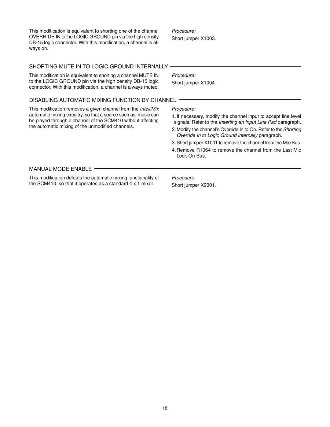 Shure SCM410E manual Shorting Mute in to Logic Ground Internally, Disabling Automatic Mixing Function by Channel 