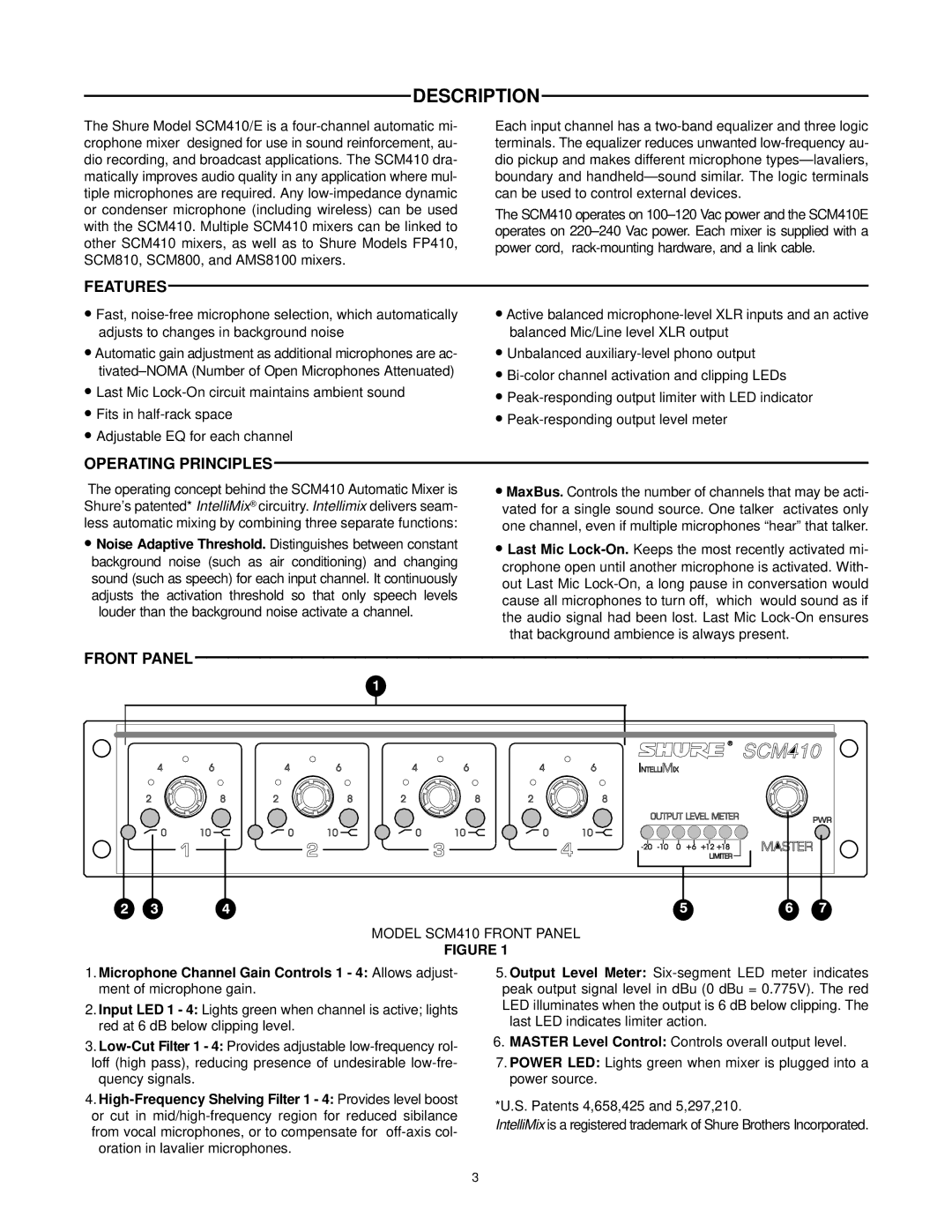 Shure SCM410E manual Description, Features, Operating Principles, Model SCM410 Front Panel 