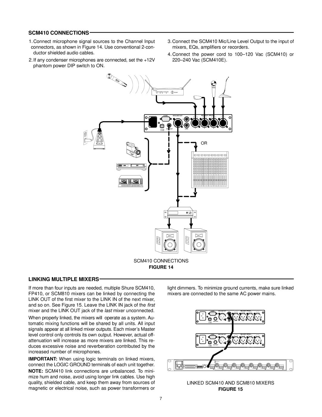 Shure SCM410E manual SCM410 Connections, Linking Multiple Mixers, Linked SCM410 and SCM810 Mixers 