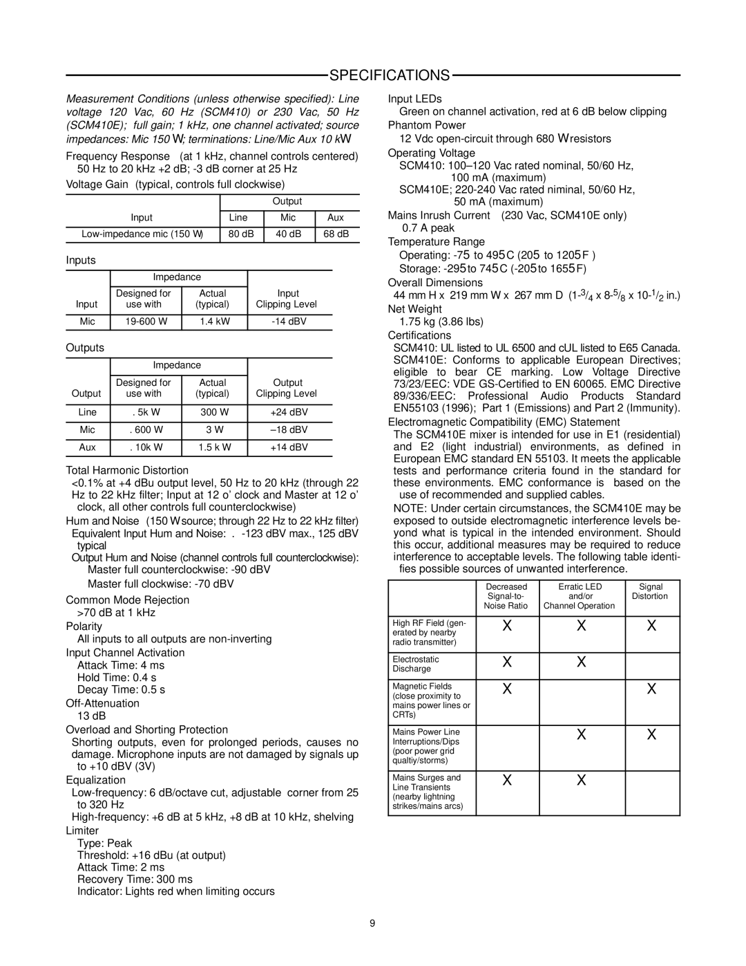 Shure SCM410E manual Specifications 