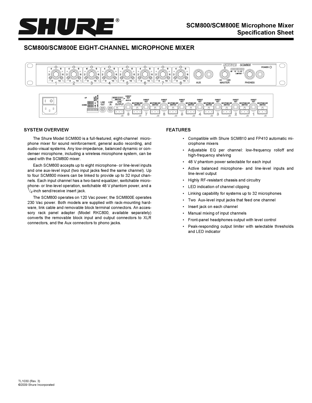 Shure SCM800E specifications System Overview, Features 