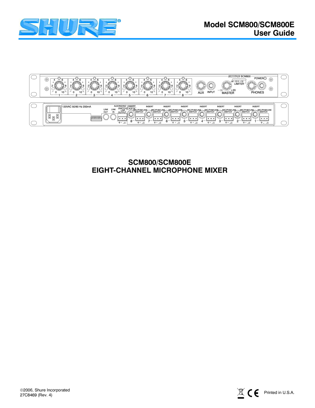 Shure SCM800E manual 6&0 +7&+$11/0,&523+210,5 