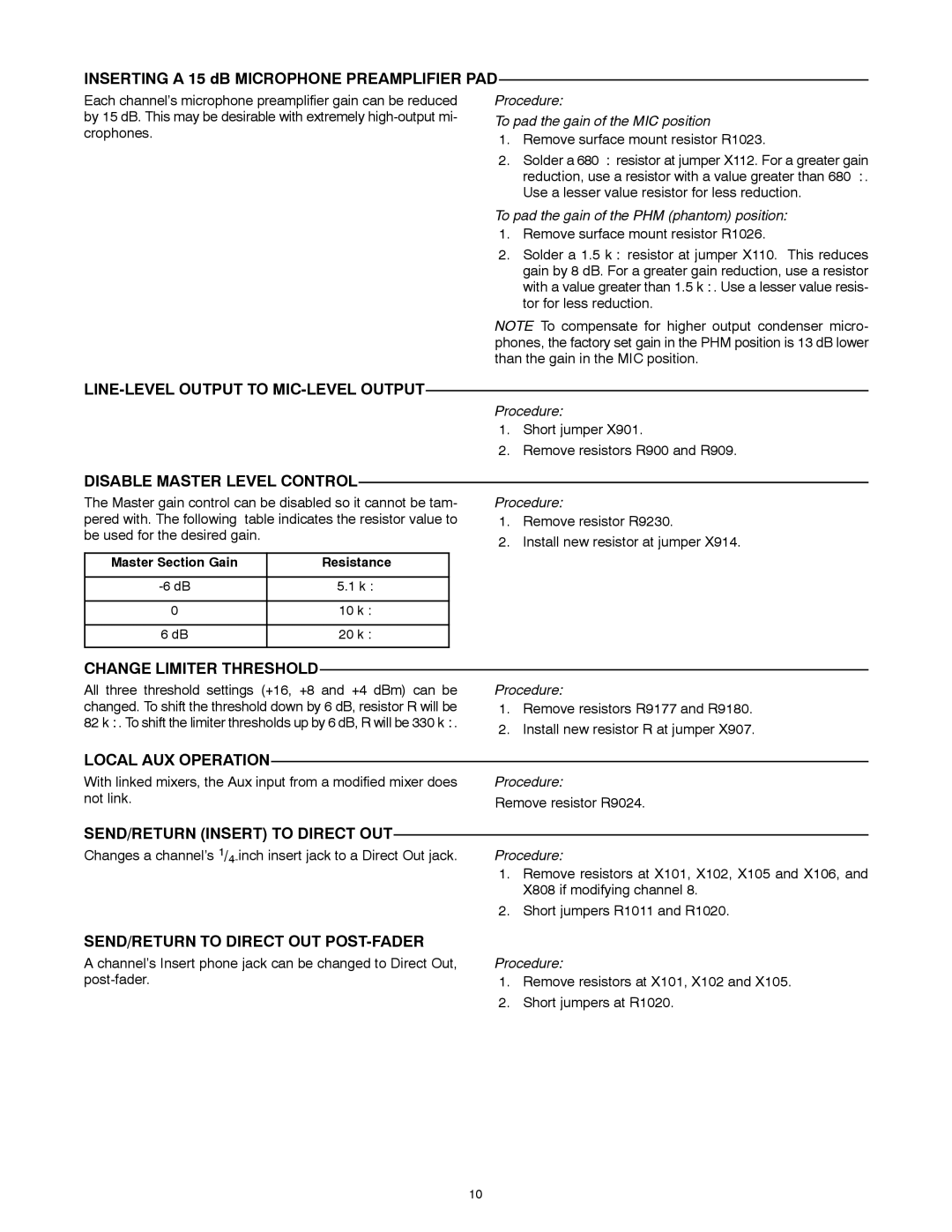 Shure SCM800E manual LINE-LEVEL Output to MIC-LEVEL Output, Disable Master Level Control, Change Limiter Threshold 