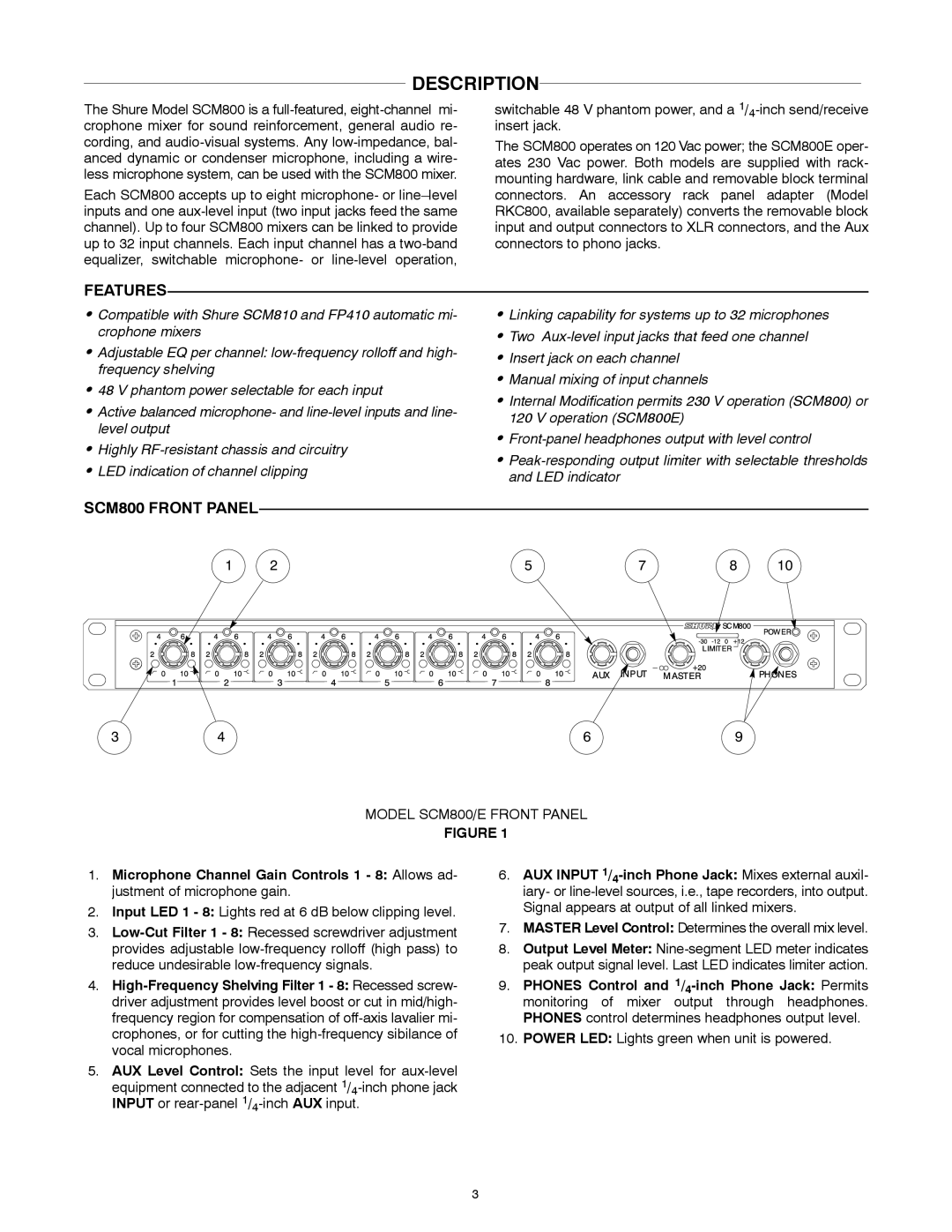 Shure SCM800E manual Description, Features, SCM800 Front Panel 