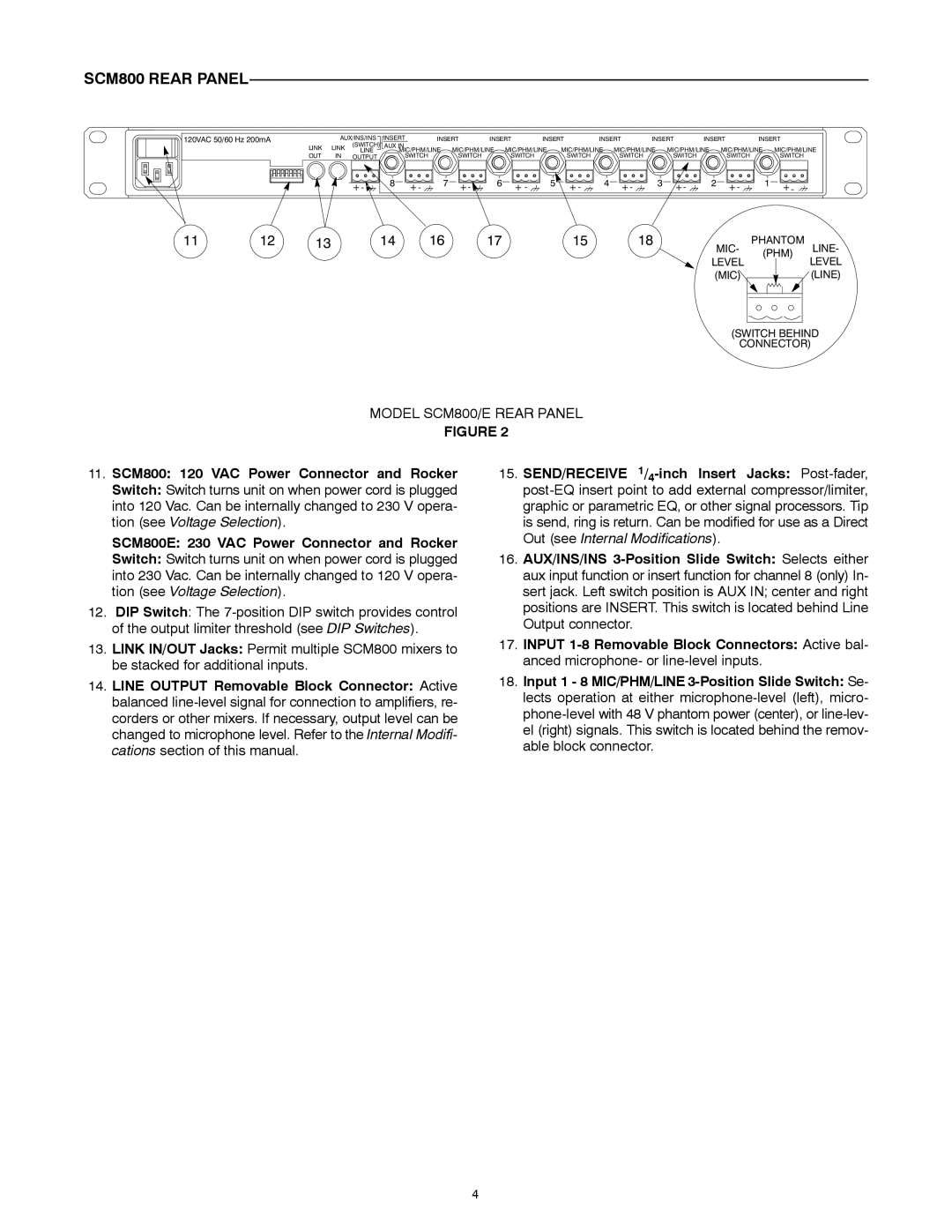 Shure manual SCM800 Rear Panel, SCM800 120 VAC Power Connector and Rocker, SCM800E 230 VAC Power Connector and Rocker 