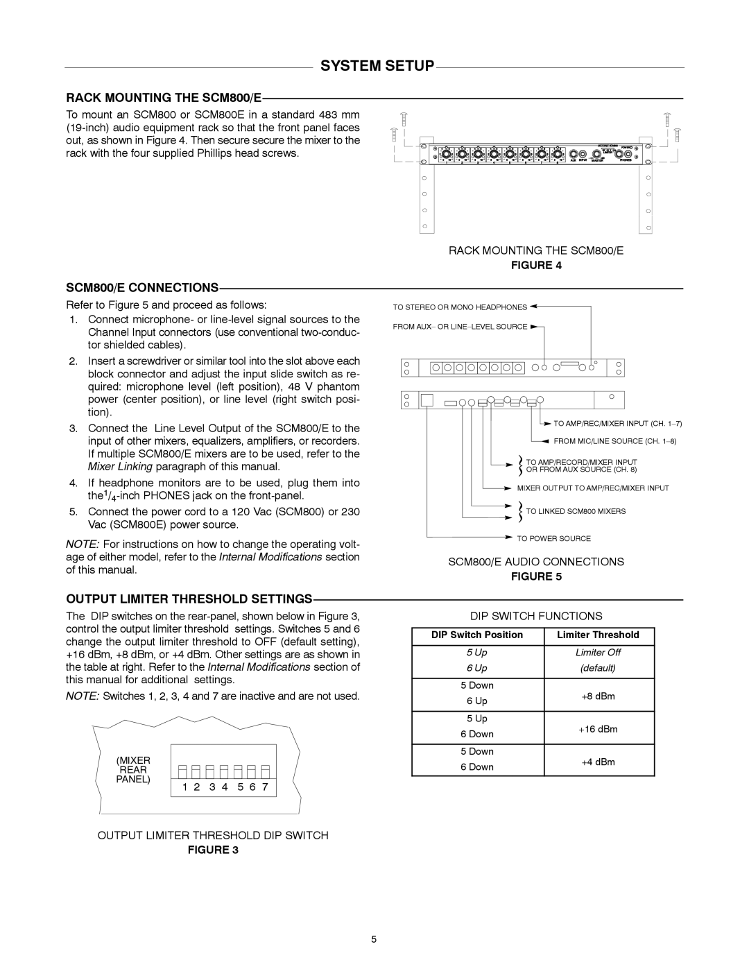 Shure SCM800E manual System Setup, Rack Mounting the SCM800/E, SCM800/E Connections, Output Limiter Threshold Settings 