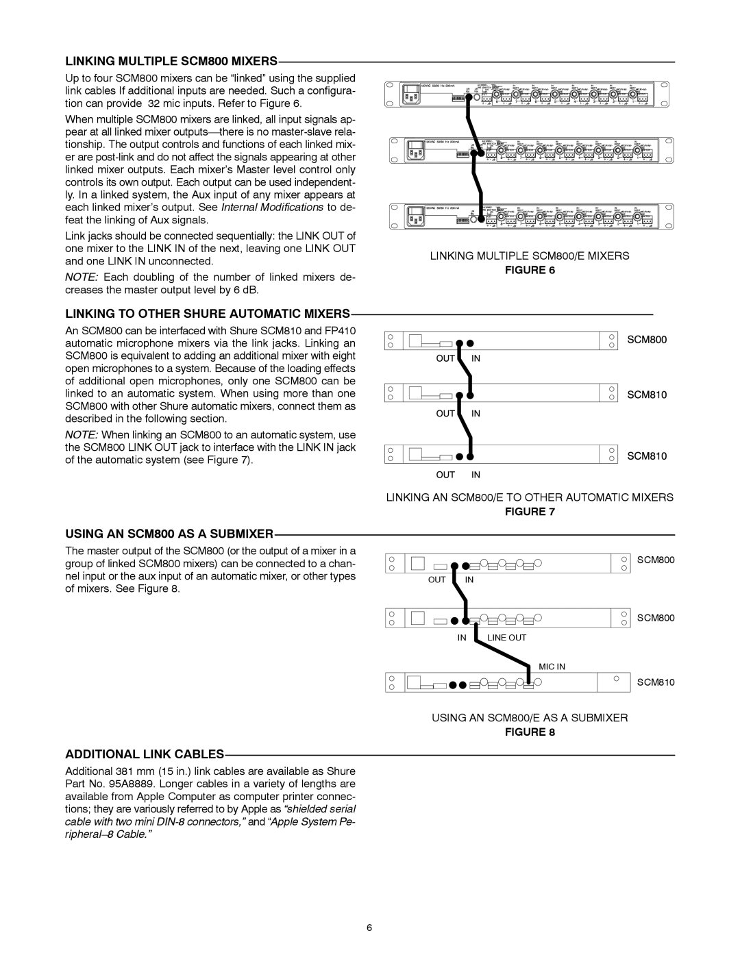 Shure SCM800E manual Linking Multiple SCM800 Mixers, Linking to Other Shure Automatic Mixers, Using AN SCM800 AS a Submixer 