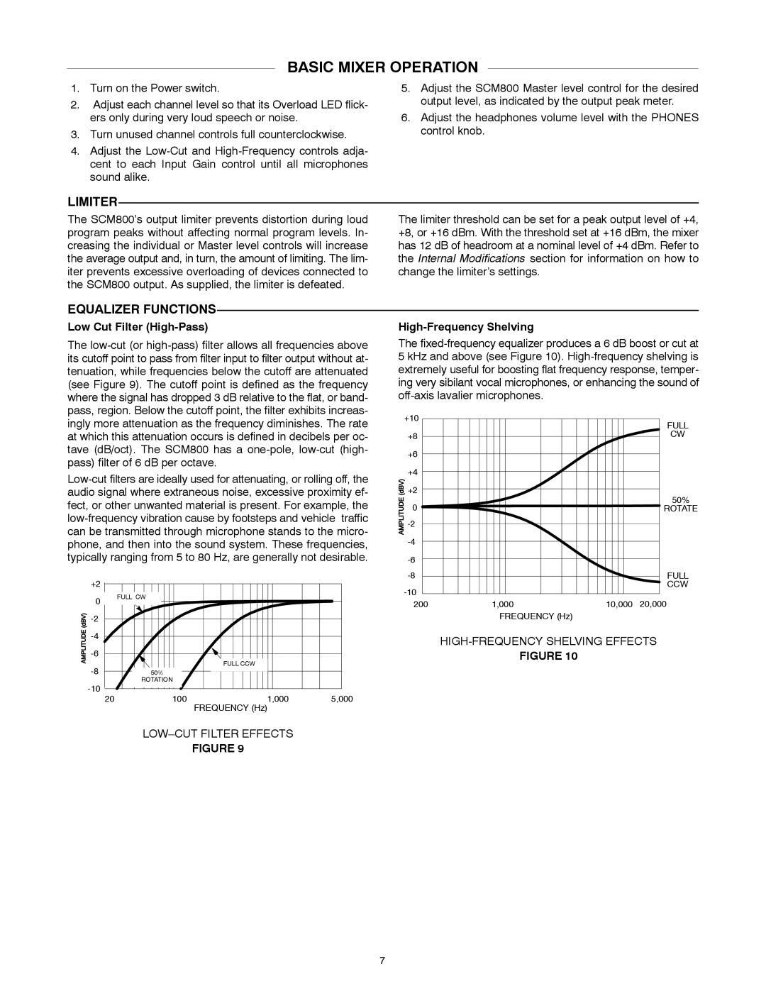 Shure SCM800 manual Basic Mixer Operation, Limiter, Equalizer Functions, Low Cut Filter High-Pass, High-Frequency Shelving 