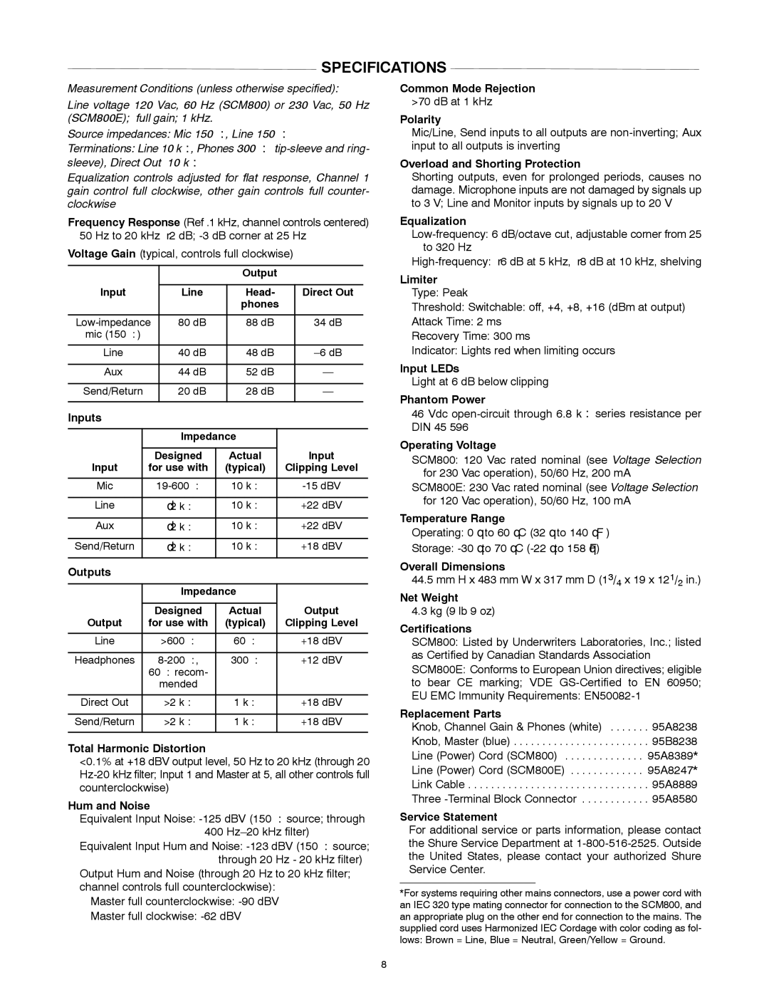 Shure SCM800E manual Specifications 