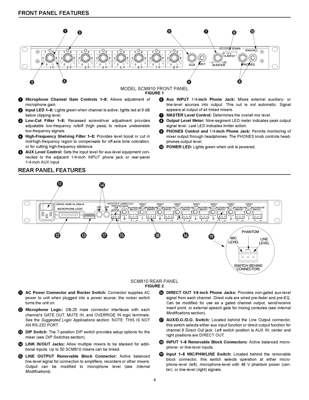 Shure SCM810 manual Front Panel Features, Rear Panel Features, AC Power Connector and Rocker Switch Connector supplies AC 