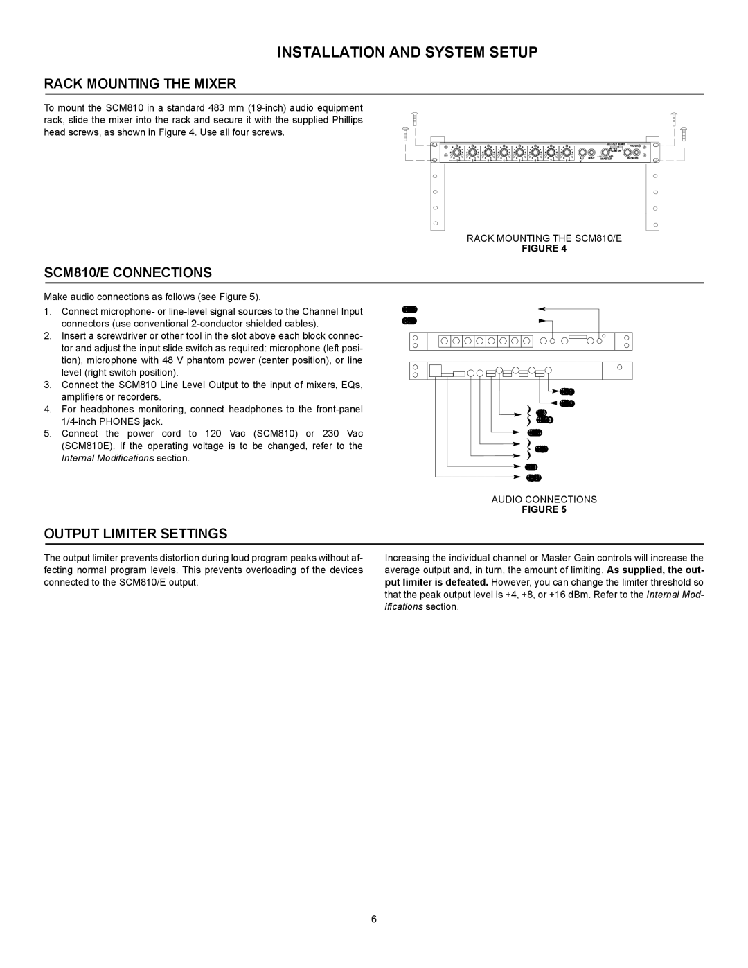 Shure manual Installation and System Setup, Rack Mounting the Mixer, SCM810/E Connections, Output Limiter Settings 