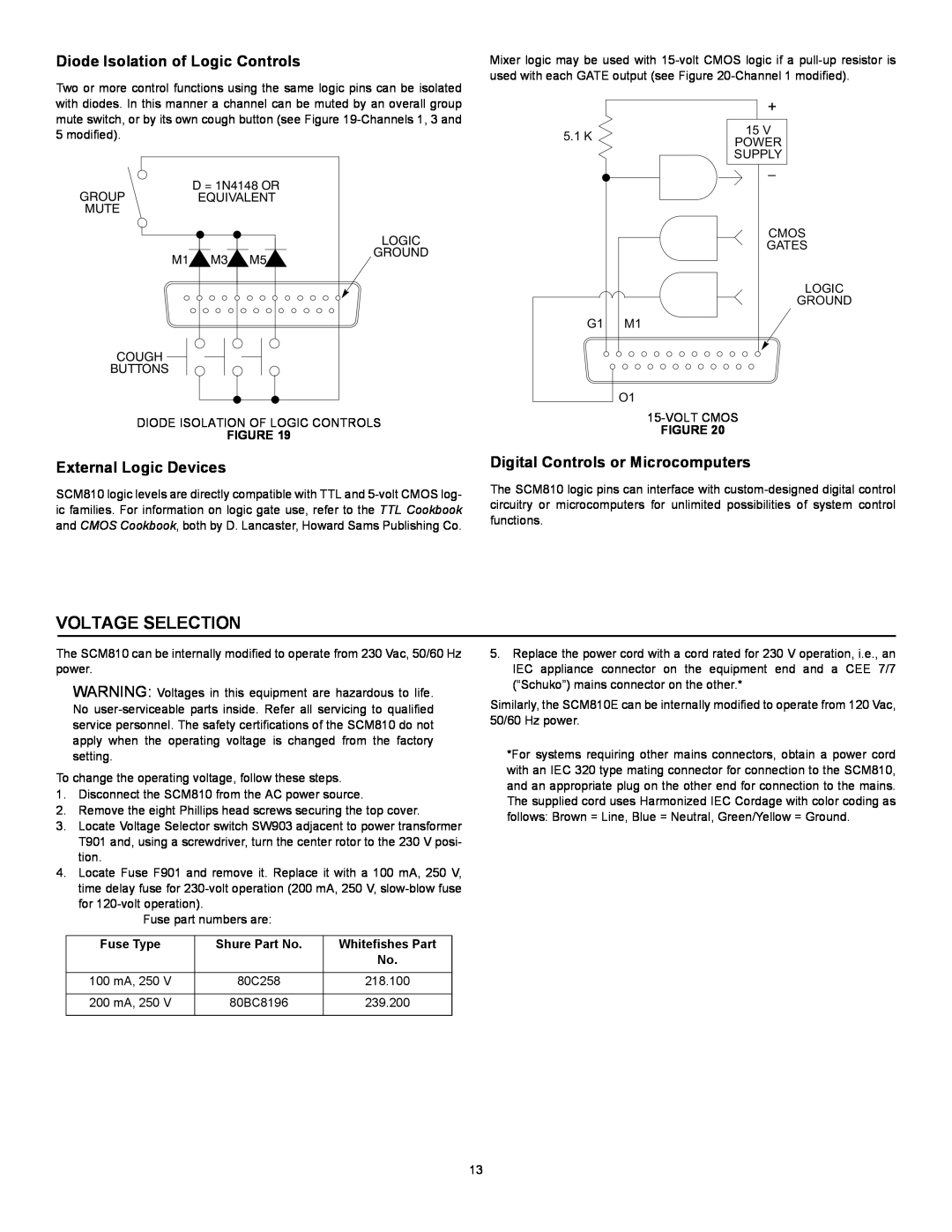 Shure SCM810 manual Voltage Selection, Diode Isolation of Logic Controls, External Logic Devices 