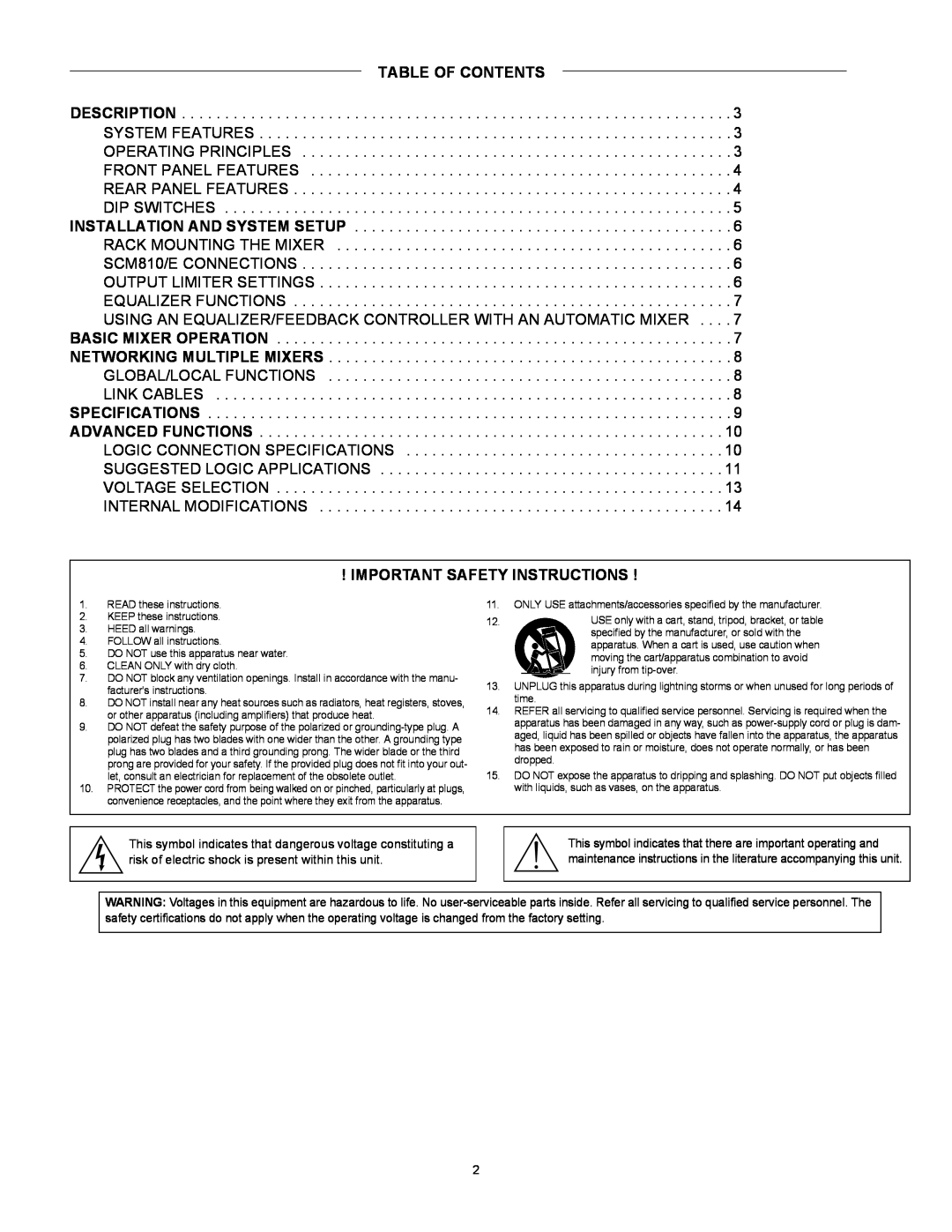 Shure SCM810 manual Table Of Contents, Important Safety Instructions 