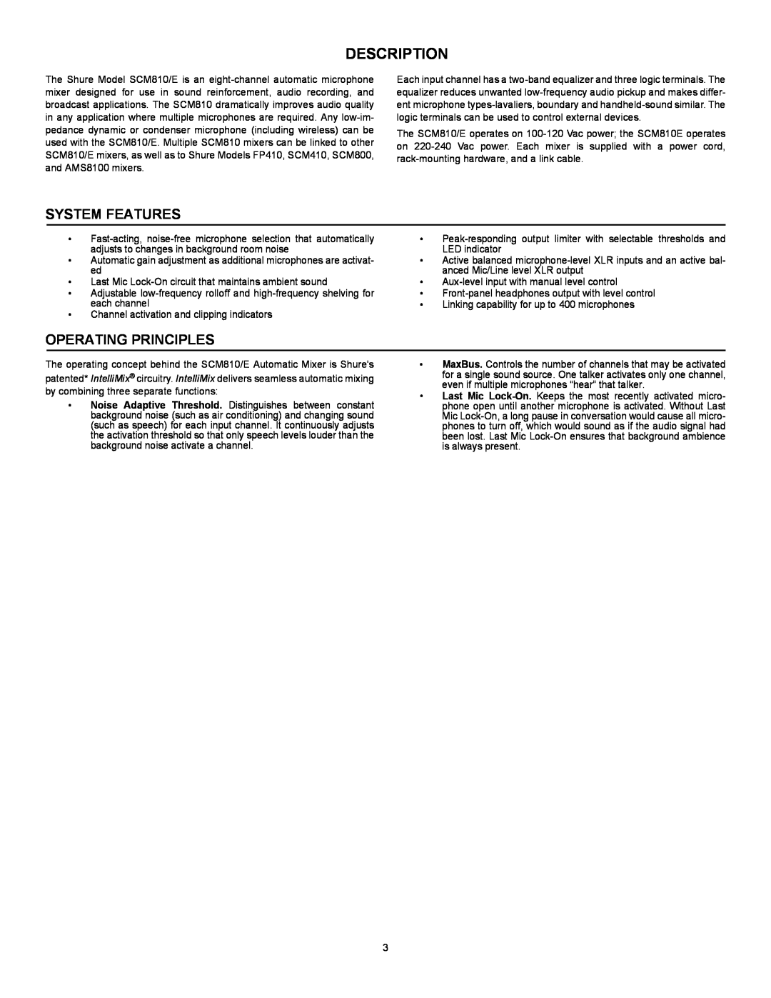 Shure SCM810 manual Description, System Features, Operating Principles 