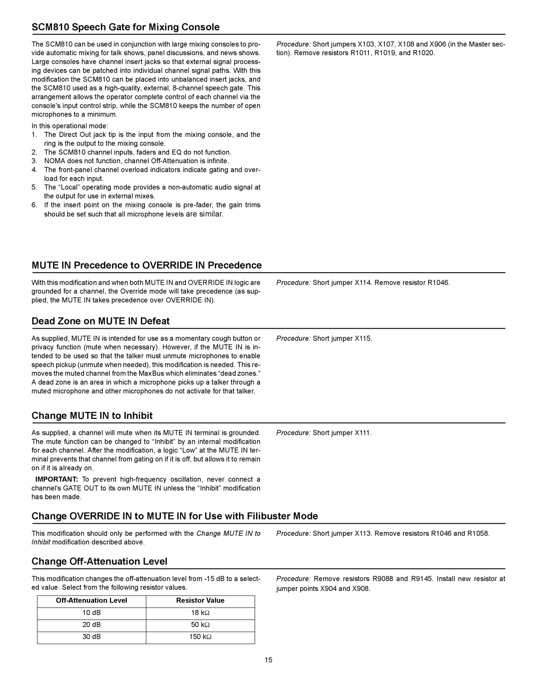 Shure SCM810AZ manual SCM810 Speech Gate for Mixing Console, Off-Attenuation Level Resistor Value 