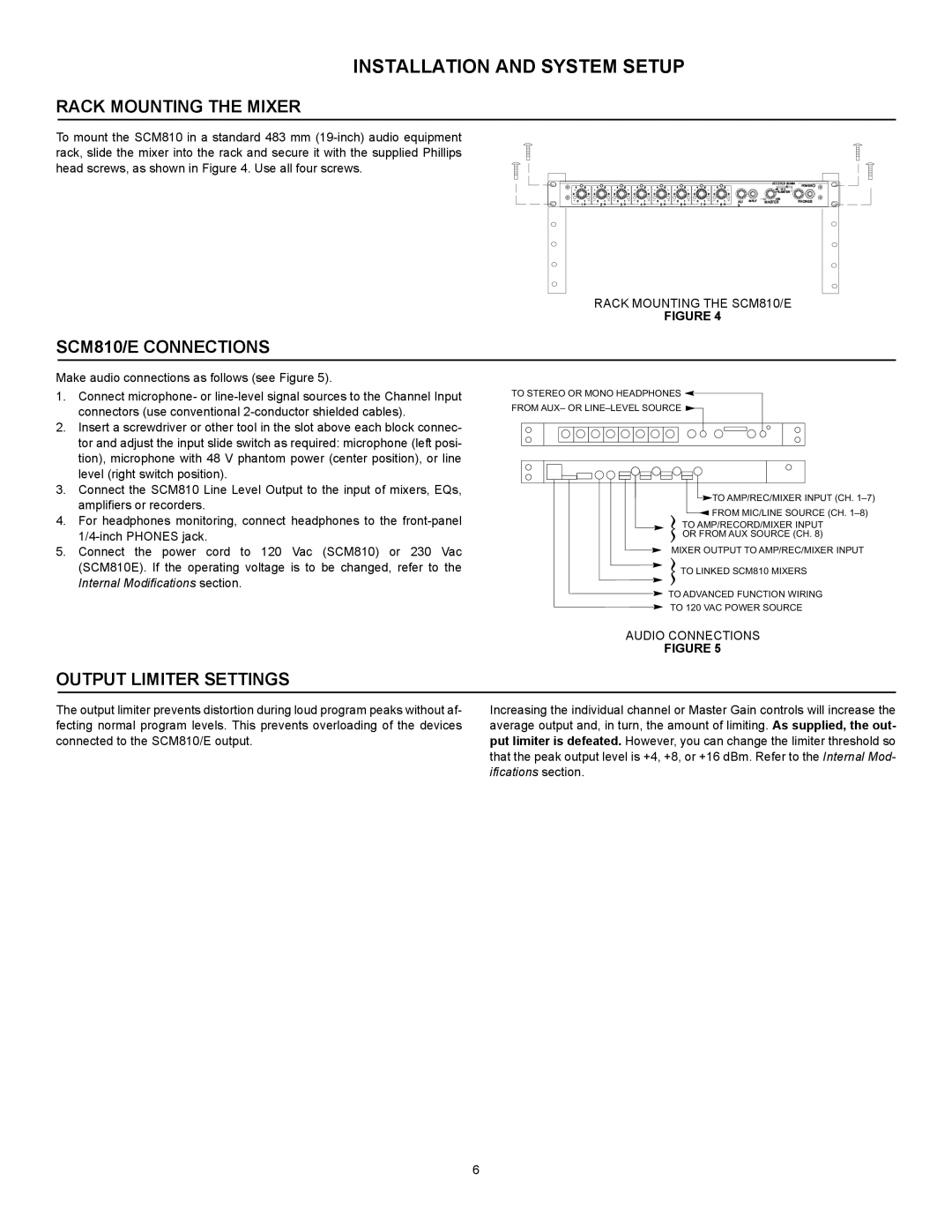 Shure SCM810AZ manual Installation and System Setup, Rack Mounting the Mixer, SCM810/E Connections, Output Limiter Settings 