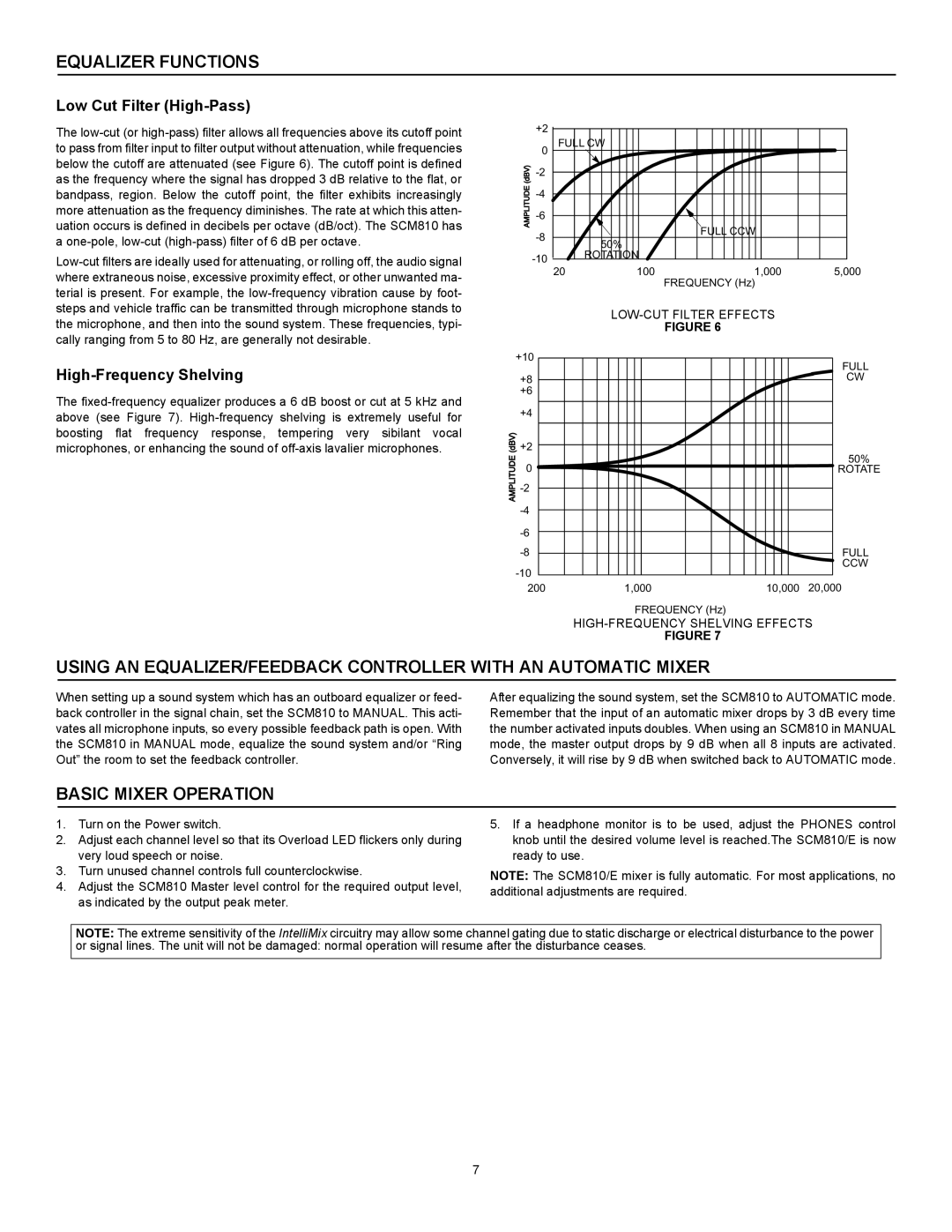 Shure SCM810AZ manual Equalizer Functions, Basic Mixer Operation, Low Cut Filter High-Pass, High-Frequency Shelving 