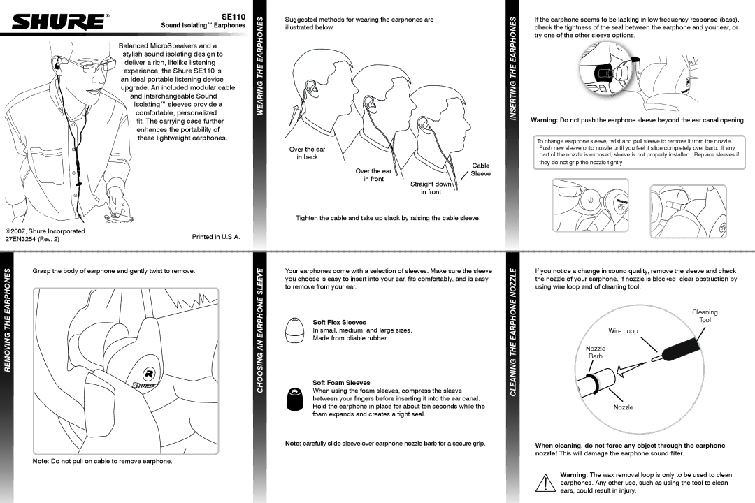 Shure SE110 manual Earphones, Choosing AN Earphone Sleeve, Nozzle, Wearing 