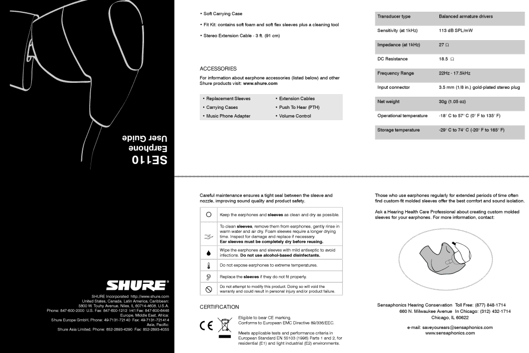 Shure SE110 manual Furnished Accessories, Technical Specifications, Maintenance, Sleeves 