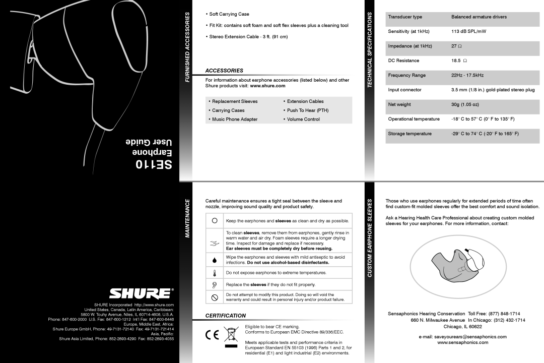 Shure SE110 Furnished Accessories, Technical Specifications, Maintenance, Sleeves, Custom Earphone, Guide User Earphone 