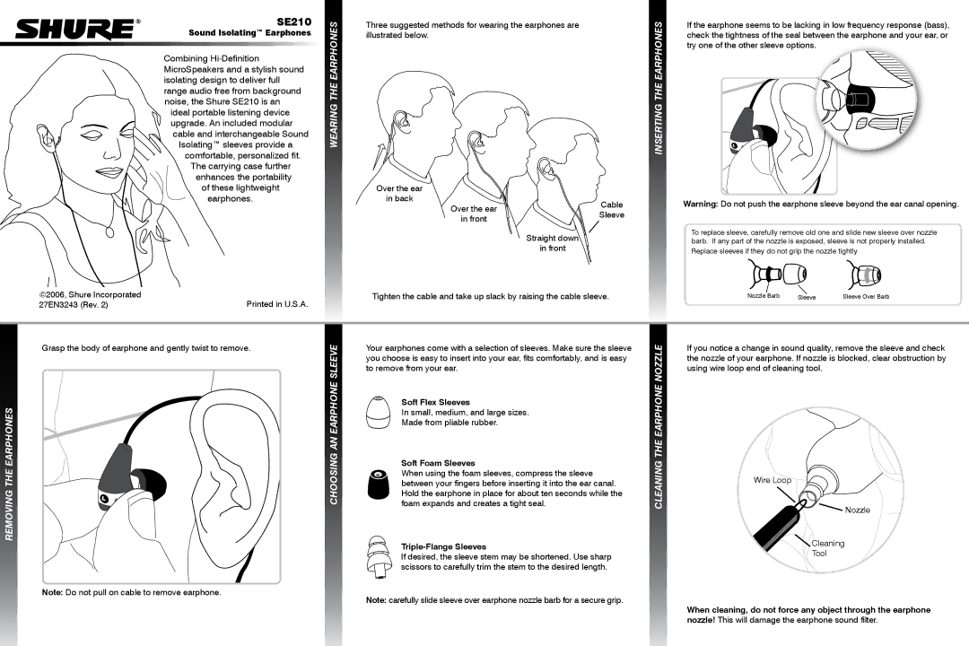 Shure SE210 manual Wearing the Earphones, Removing the Earphones, Nozzle 