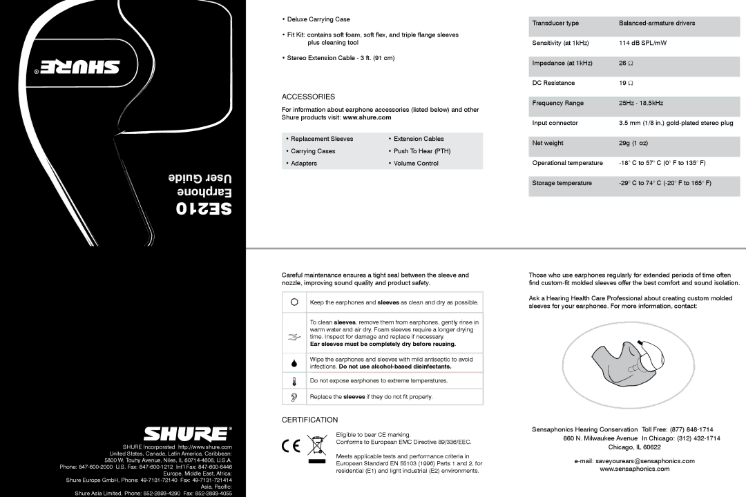 Shure SE210 manual Furnished Accessories, Technical Specifications, Maintenance, Sleeves 