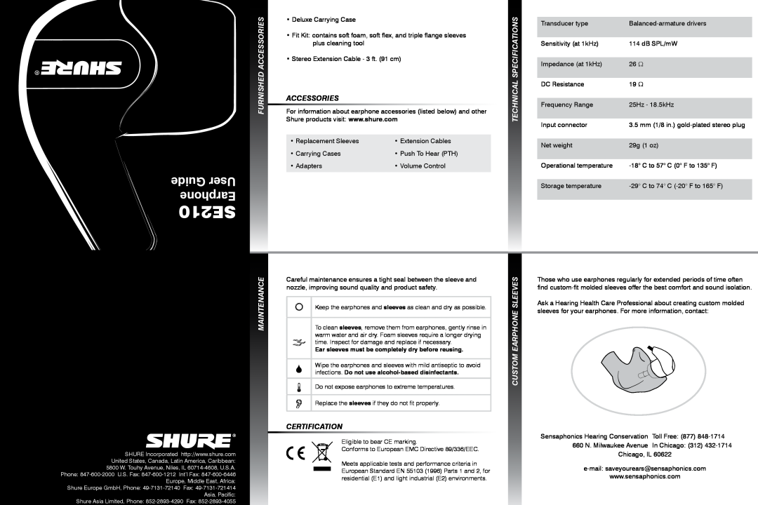 Shure SE210 Furnished Accessories, Technical Specifications, Maintenance, Sleeves, Custom Earphone, Guide User Earphone 