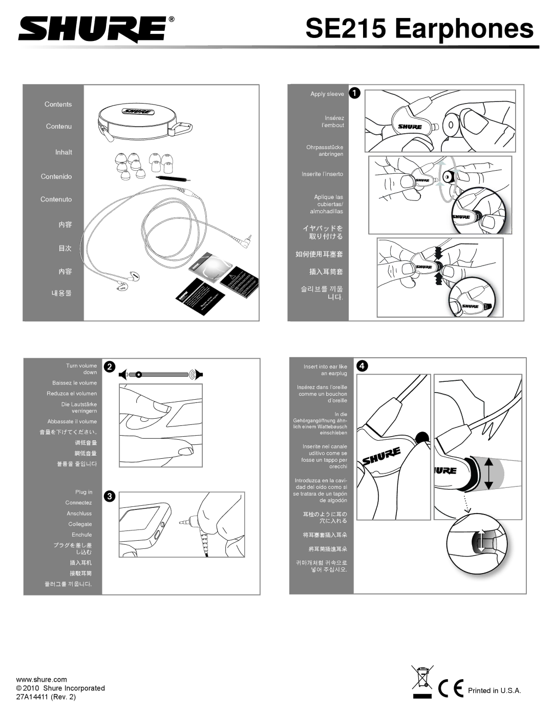 Shure MLP_SE215 manual SE215 Earphones 