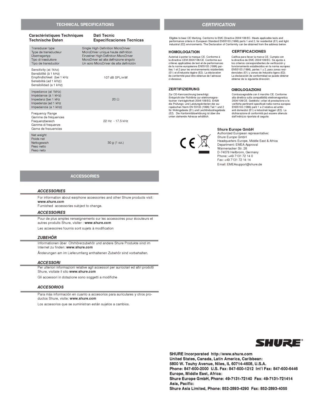 Shure MLP_SE215 Caractéristiques Techniques Dati Tecnic Technische Daten, Especificaciones Tecnicas, Shure Europe GmbH 