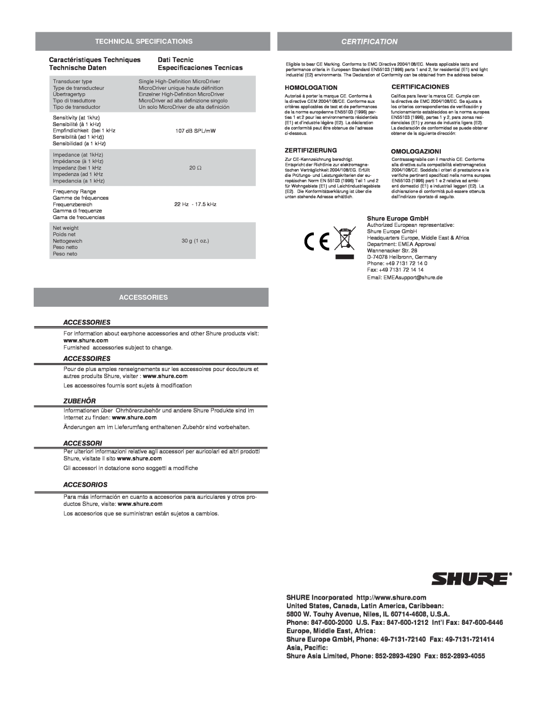 Shure MLP_SE215 Technical Specifications, Caractéristiques Techniques, Dati Tecnic, Technische Daten, Accessories, Zubehör 