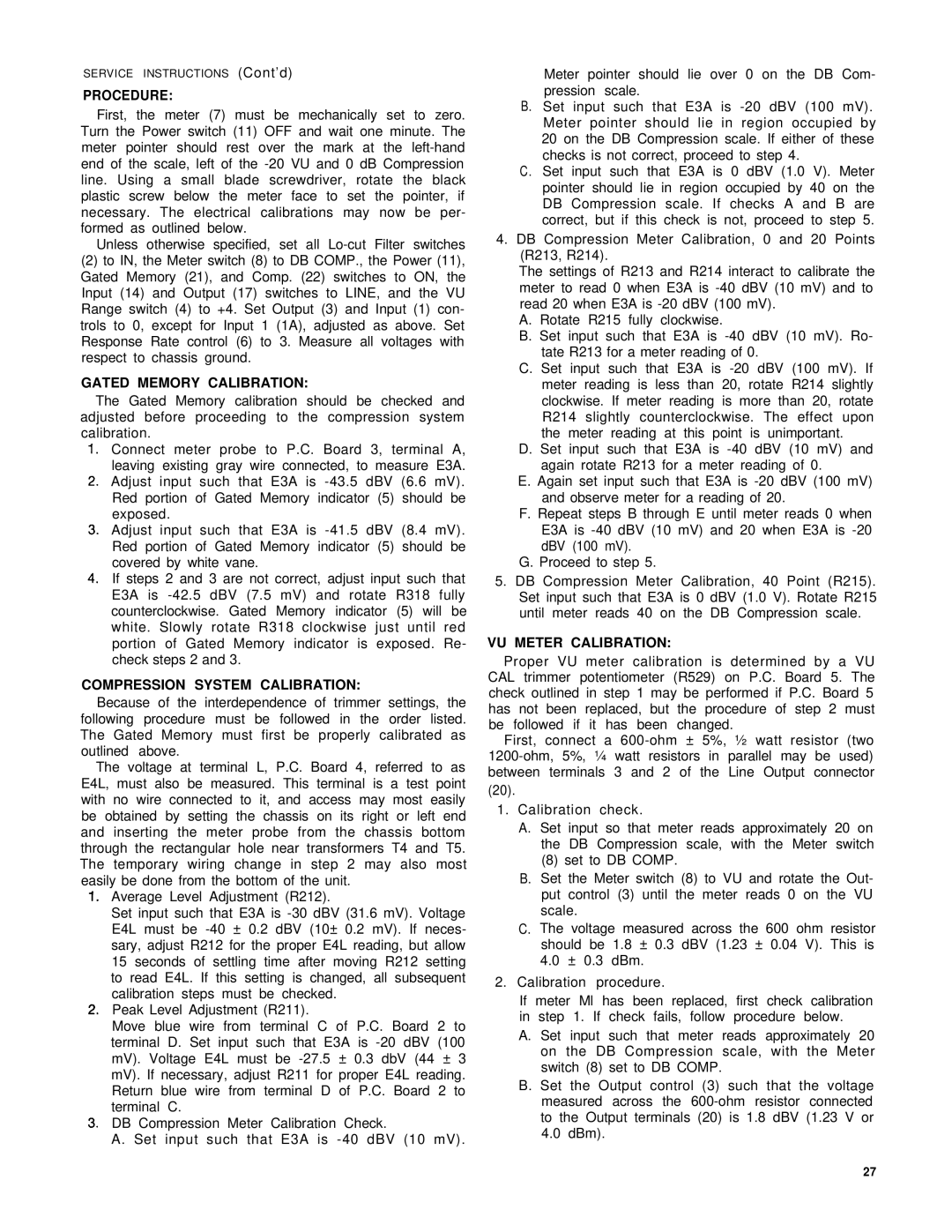 Shure SE30-2 service manual Procedure, Gated Memory Calibration, Compression System Calibration, VU Meter Calibration 