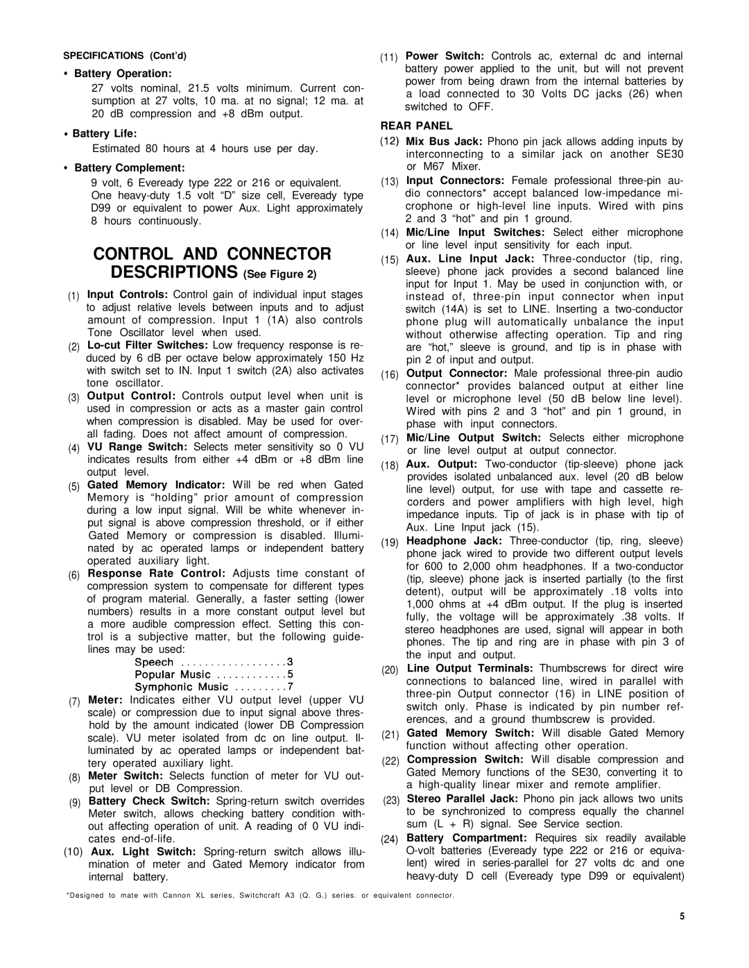 Shure SE30-2 service manual Battery Operation, Rear Panel 