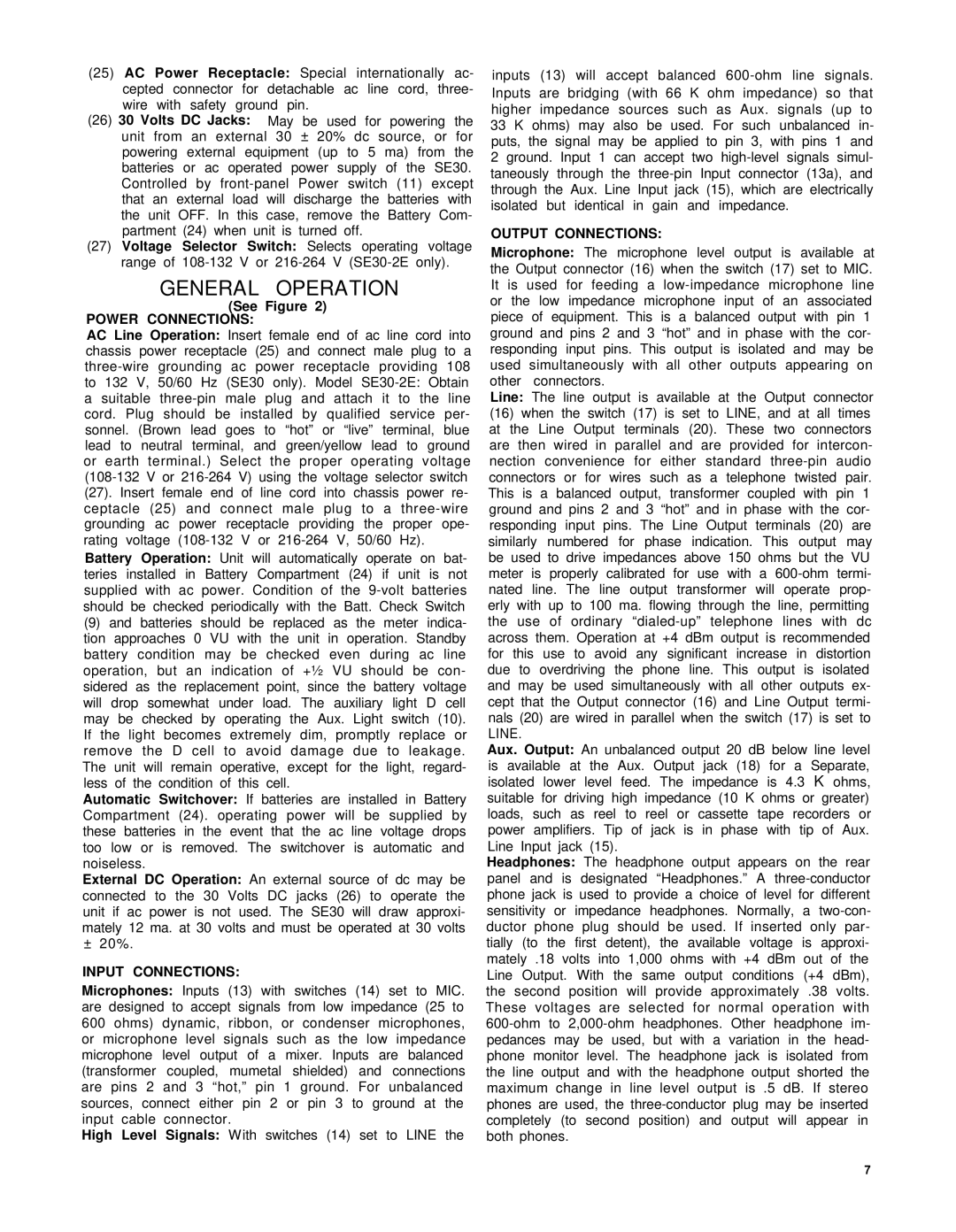 Shure SE30-2 service manual Power Connections, Input Connections, Output Connections 