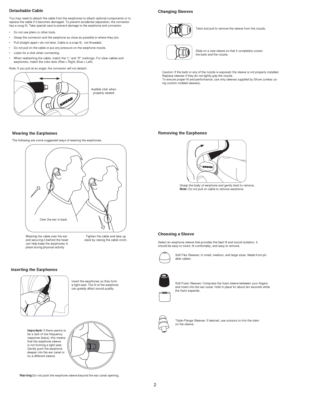 Shure se315 manual Detachable Cable, Changing Sleeves, Wearing the Earphones, Removing the Earphones, Choosing a Sleeve 