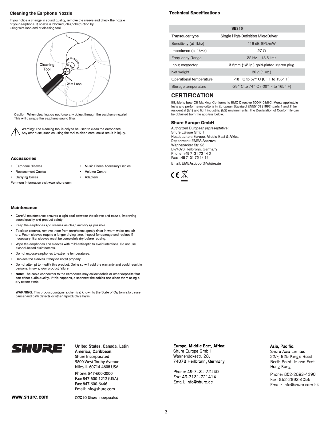 Shure se315 manual Cleaning the Earphone Nozzle, Accessories, Maintenance, Technical Specifications, Shure Europe GmbH 