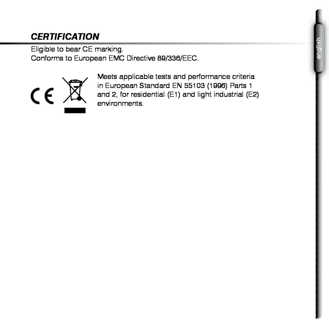 Shure SE420 manual Certification, Eligible to bear CE marking, Conforms to European EMC Directive 89/336/EEC, english 