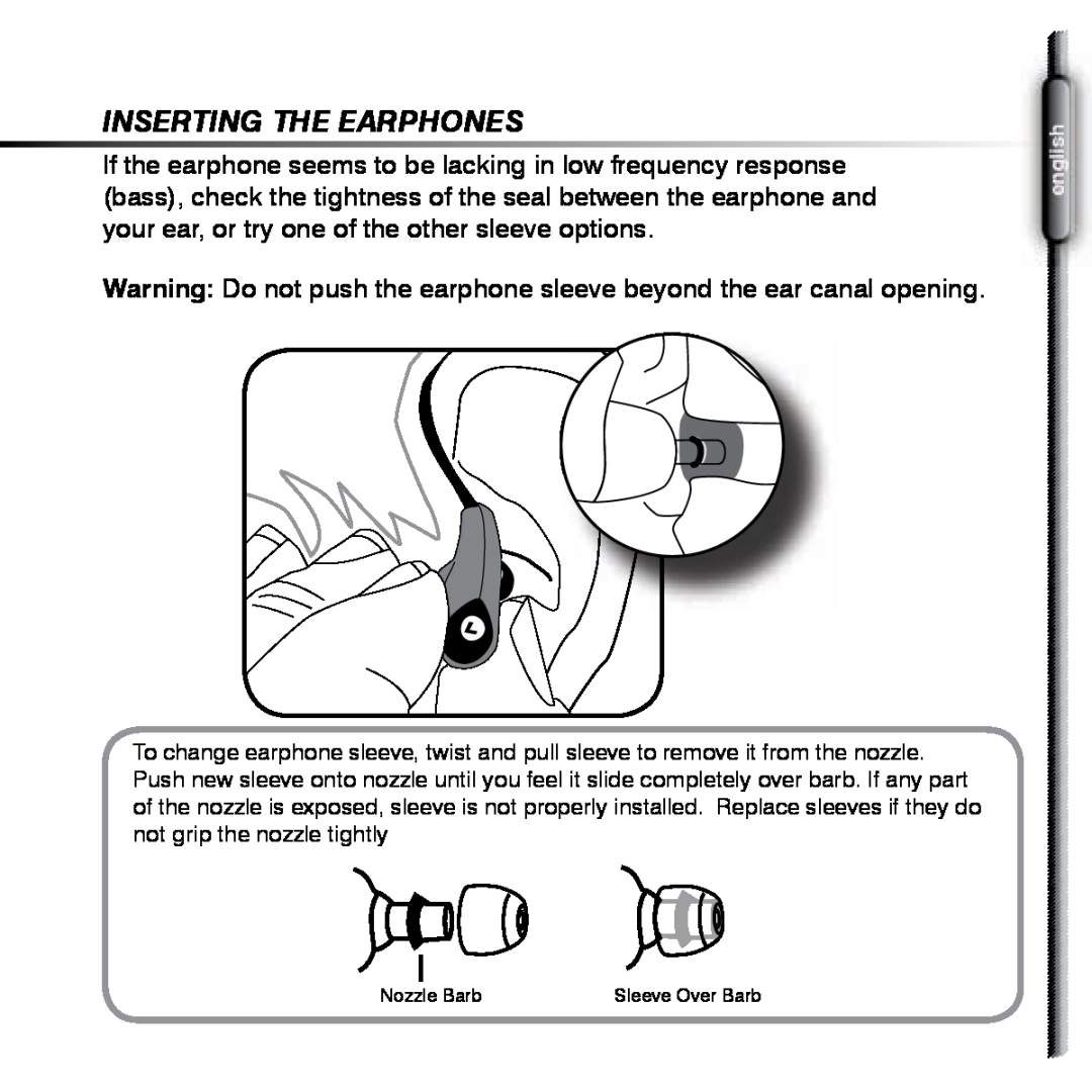 Shure SE420 manual Inserting The Earphones, english 