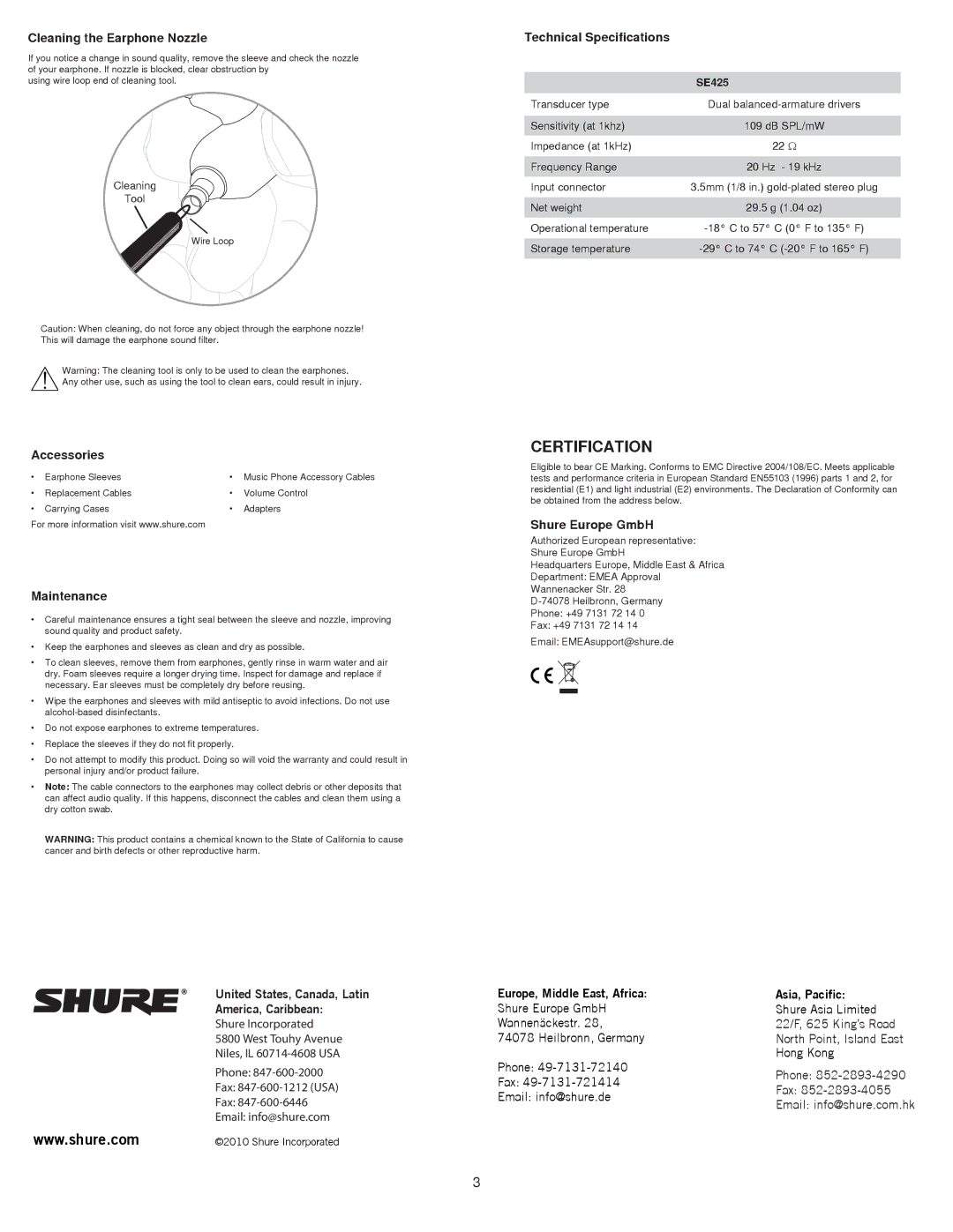 Shure se425cl manual Cleaning the Earphone Nozzle, Accessories, Maintenance, Technical Specifications, Shure Europe GmbH 