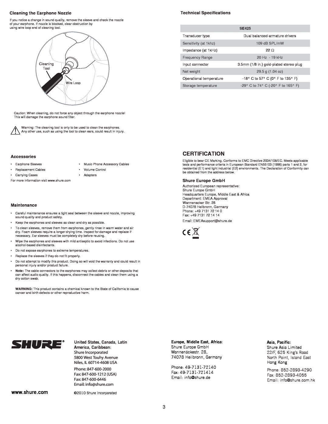 Shure se425cl manual Cleaning the Earphone Nozzle, Accessories, Maintenance, Technical Specifications, Shure Europe GmbH 