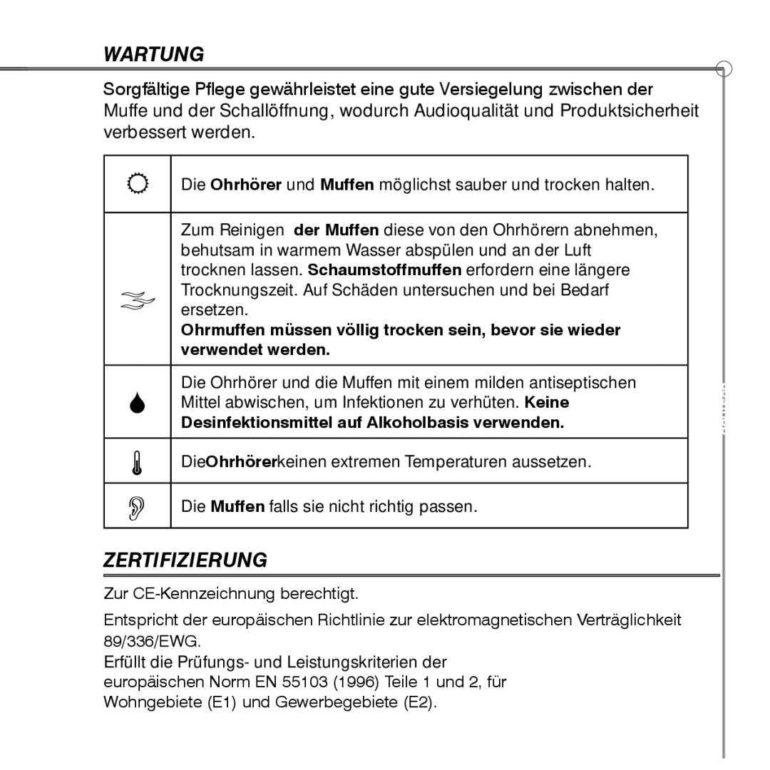 Shure SE530 manual Wartung, Zertifizierung, Ohrmuffen müssen völlig trocken sein, bevor sie wieder, Verwendet werden 